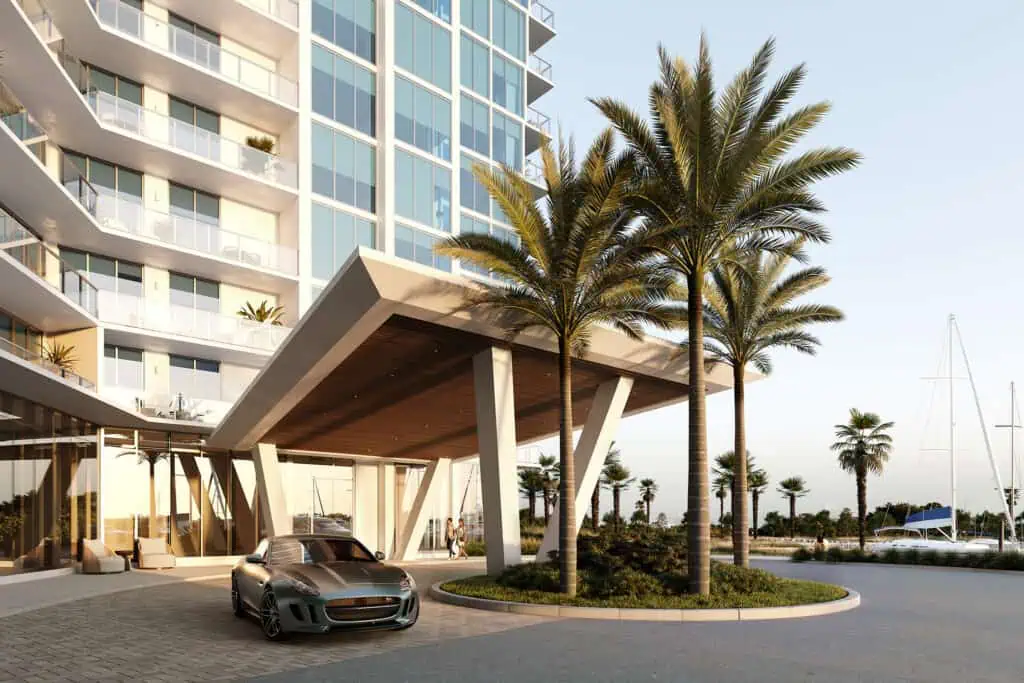 rendering of a condo tower entrance with a valet