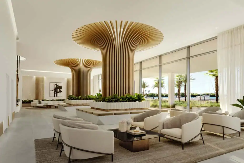 rendering of a large lobby at a luxury condo tower