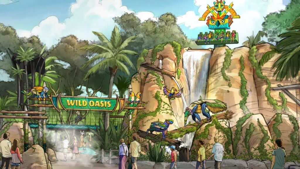 rendering of of tropical paradise at a theme park