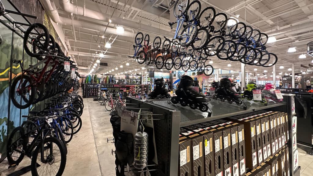 row of bikes on display inside a story