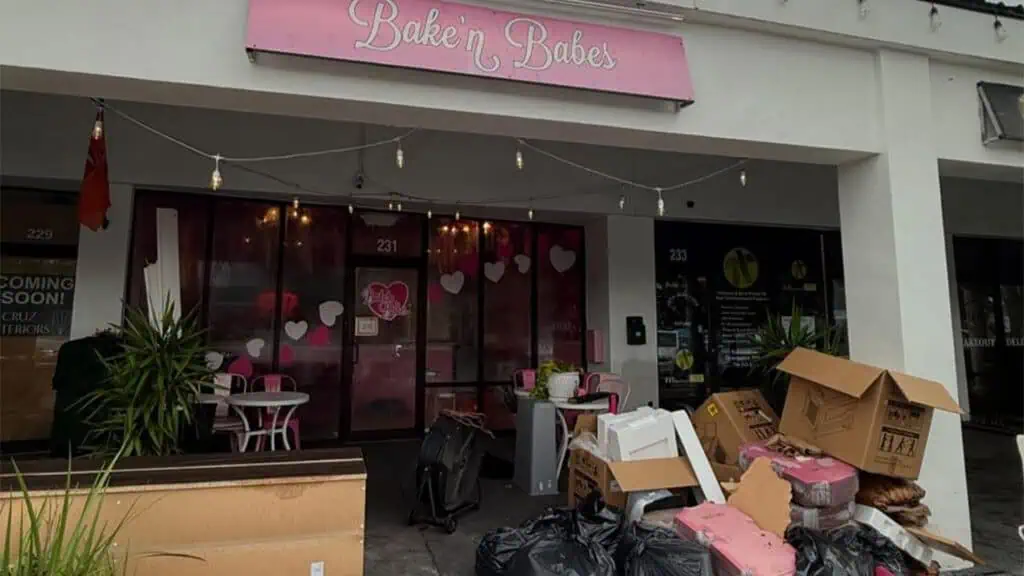 exterior of a cafe/bakery during a clean up