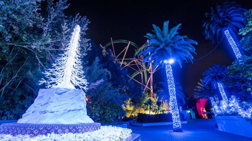 Christmas decor outside at an amusement park