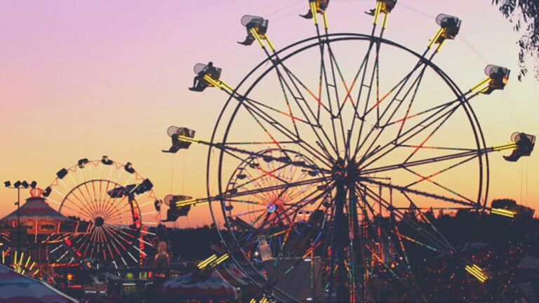 ferris wheels at sunset