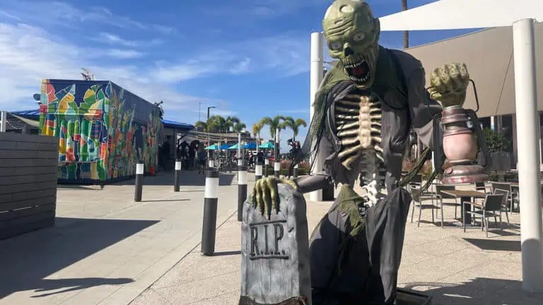 Halloween decor arranged on a waterfront pavilion