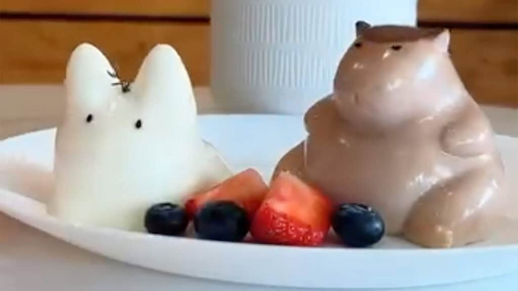 two jiggly pudding desserts shaped like cute animals 