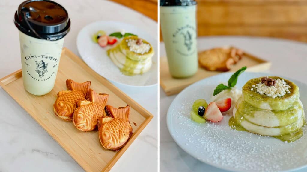 array of pastries shaped like fish, a plate of souflee pancakes with green and white sauce on top 