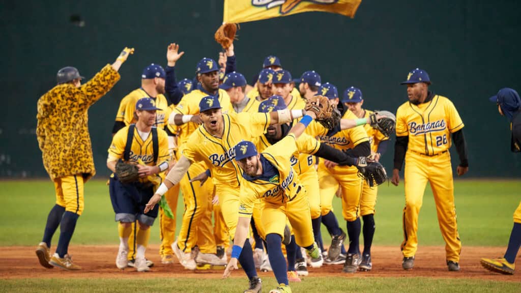 A group of baseball players in a yellow jerseys celebrate on the mound at a baseball field 