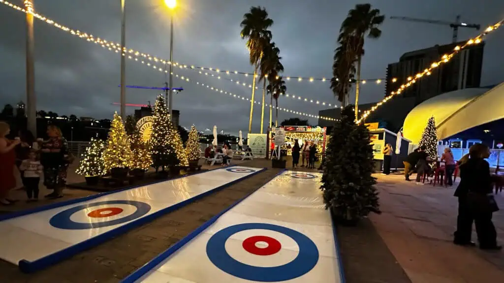 two curling lanes set up on the waterfront