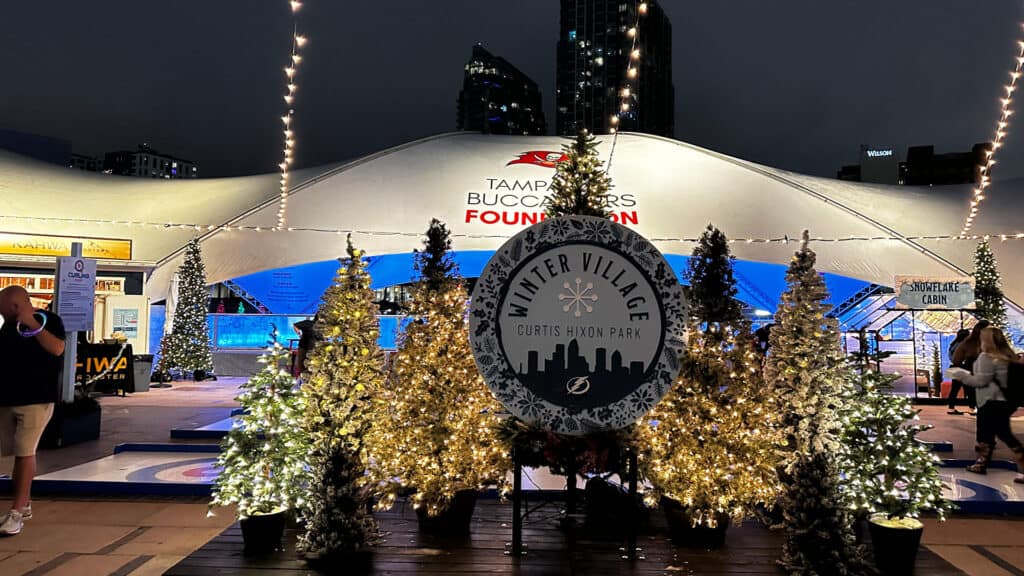 Christmas trees set in front of an ice skating rink