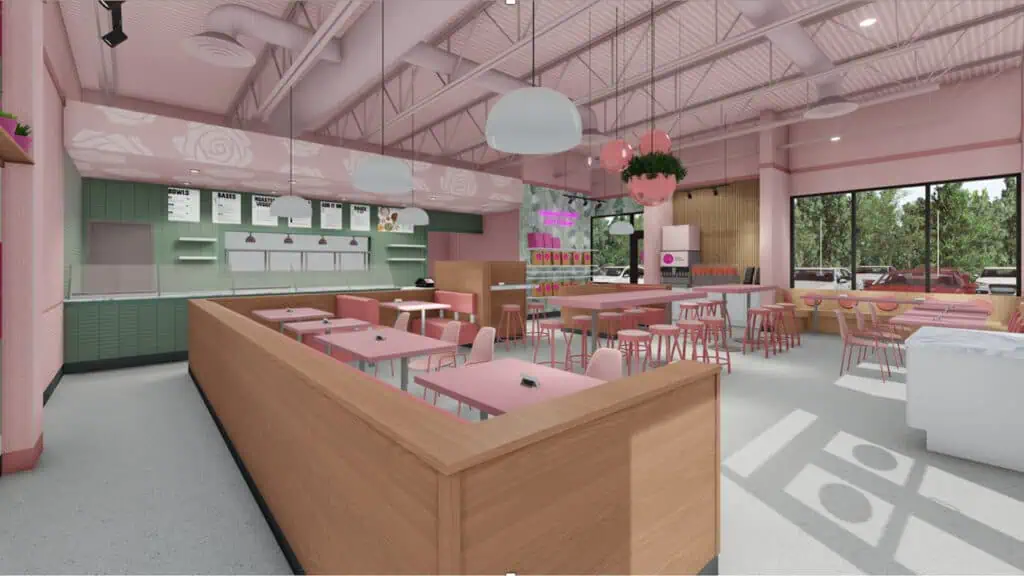 inside of restaurant with pink walls