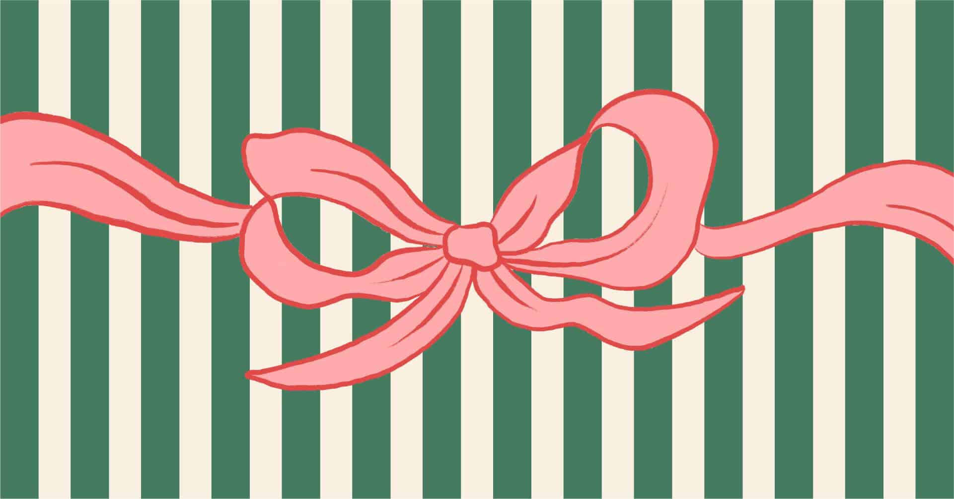 A simple illustration of a pink ribbon tied in a bow over a background of vertical green and beige stripes.