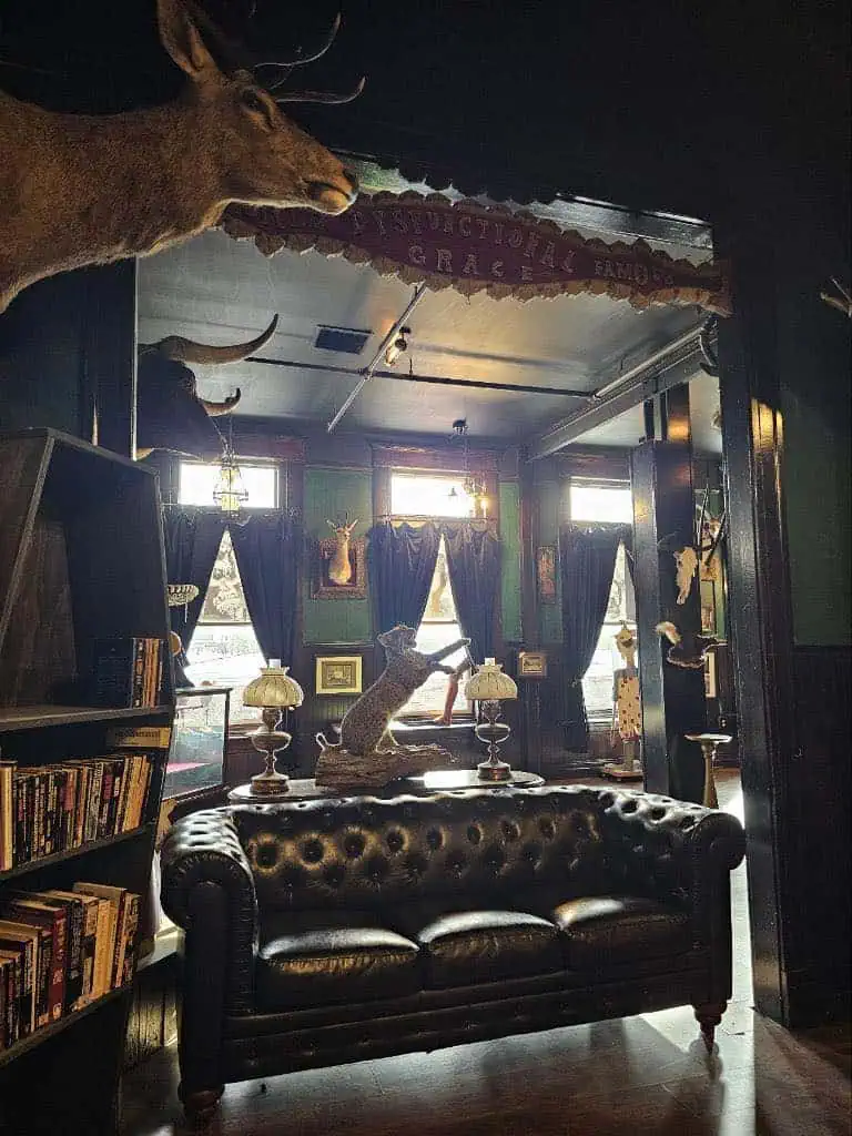 A dimly lit, vintage-style room with a dark leather sofa, taxidermy mounts, and shelves filled with books, creating an old-world ambiance.