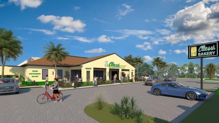 rendering of a bakery with green signage above the front door