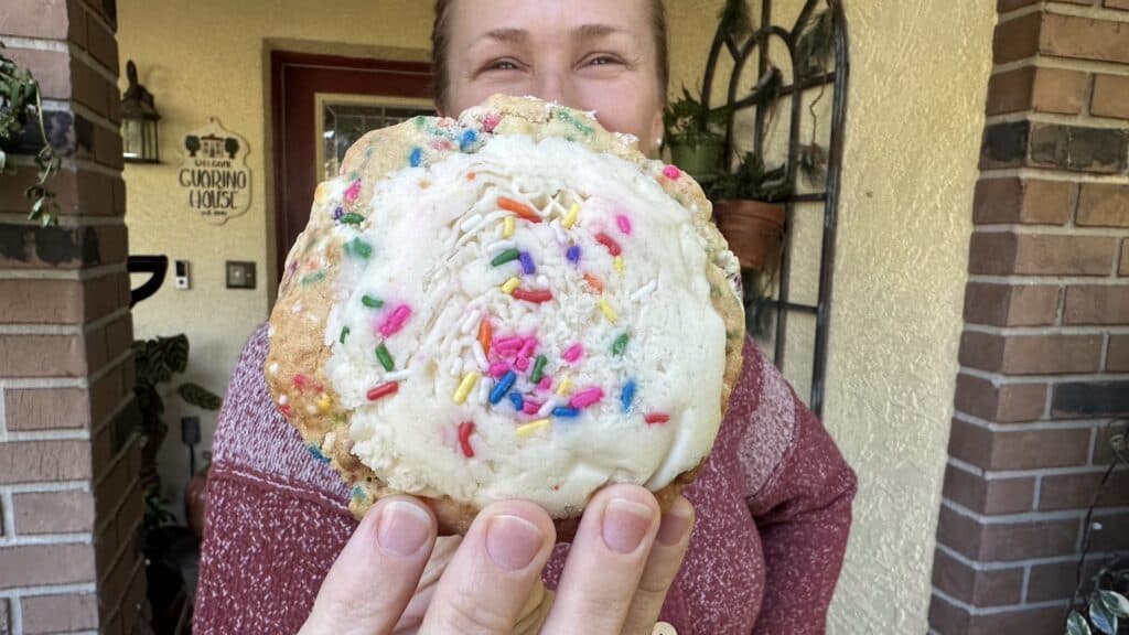 a cookie covered in frosting. 