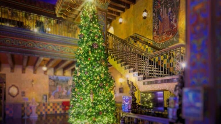 a Christmas tree inside a historic theater