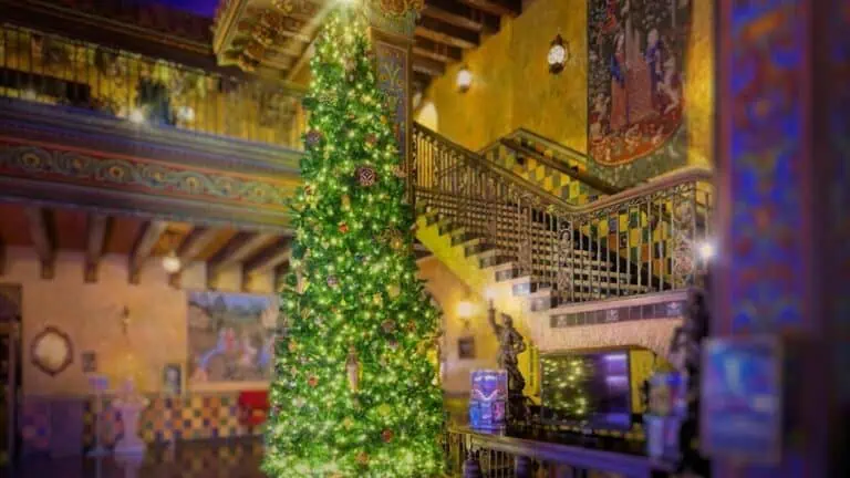 a Christmas tree inside a historic theater