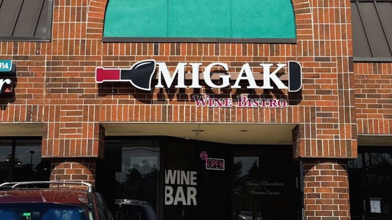 exterior of a wine bar with a brick facade