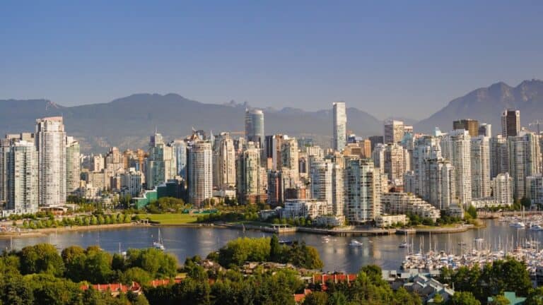 skyline view from high above with mountains visible in the background