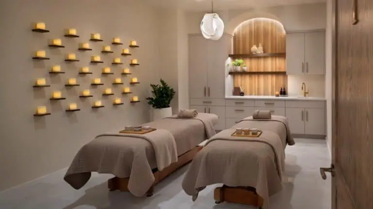 interior of a massage studio with two massage tables set up