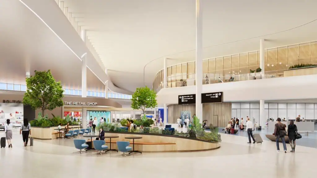 interior rendering of an airport terminal with concessions