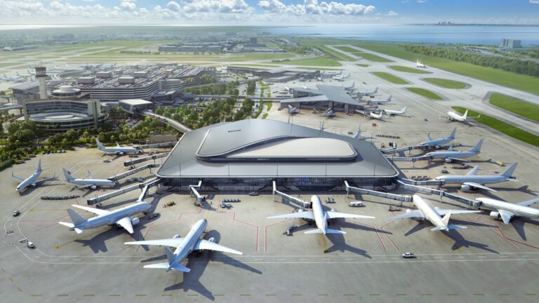 aerial rendering of a large airport terminal with multiple planes surrounding the facility