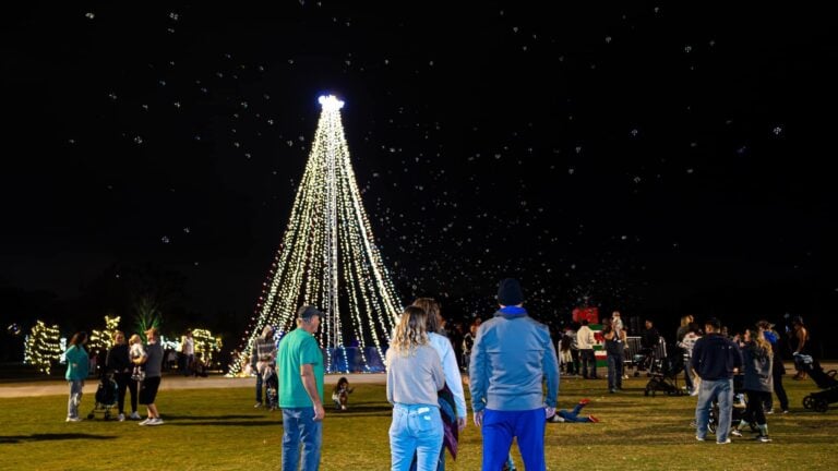 a Christmas tree made of lights. people stand around as fake snow falls to the ground