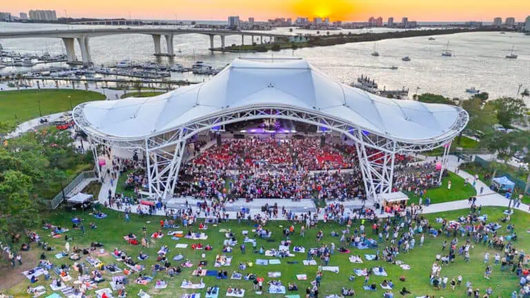 A concert venue at dusk