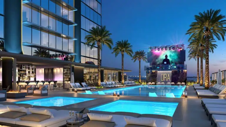 rendering of a rooftop pool and a live music stage