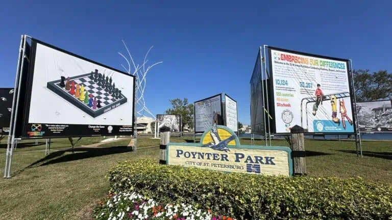 a large outdoor art exhibit with billboard sized canvases in a park