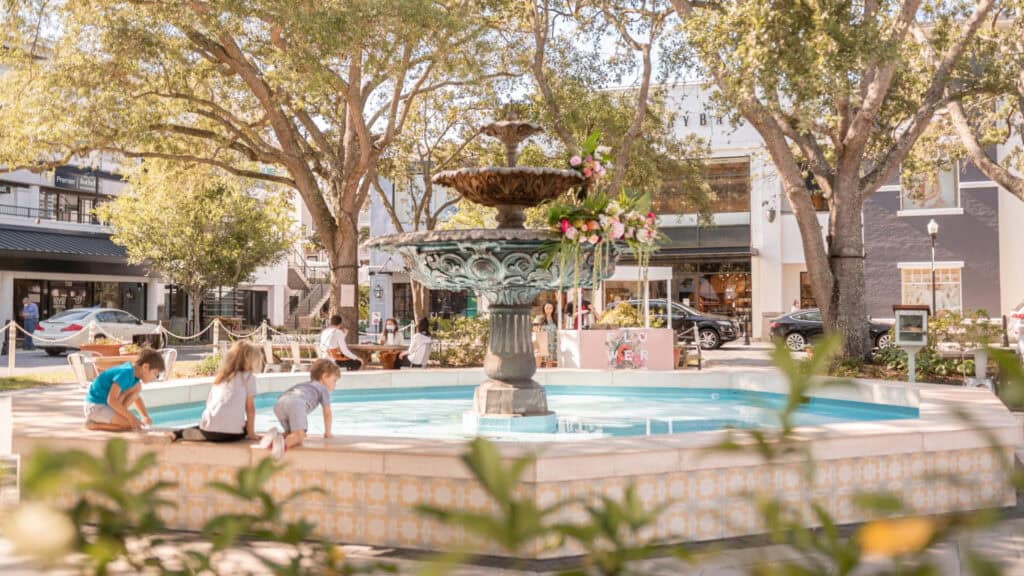 Children playing by a fountain