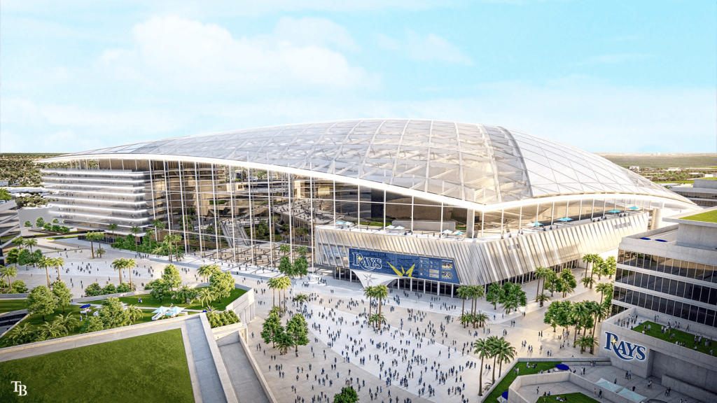 Rendering of a baseball stadium and its surrounding neighborhood