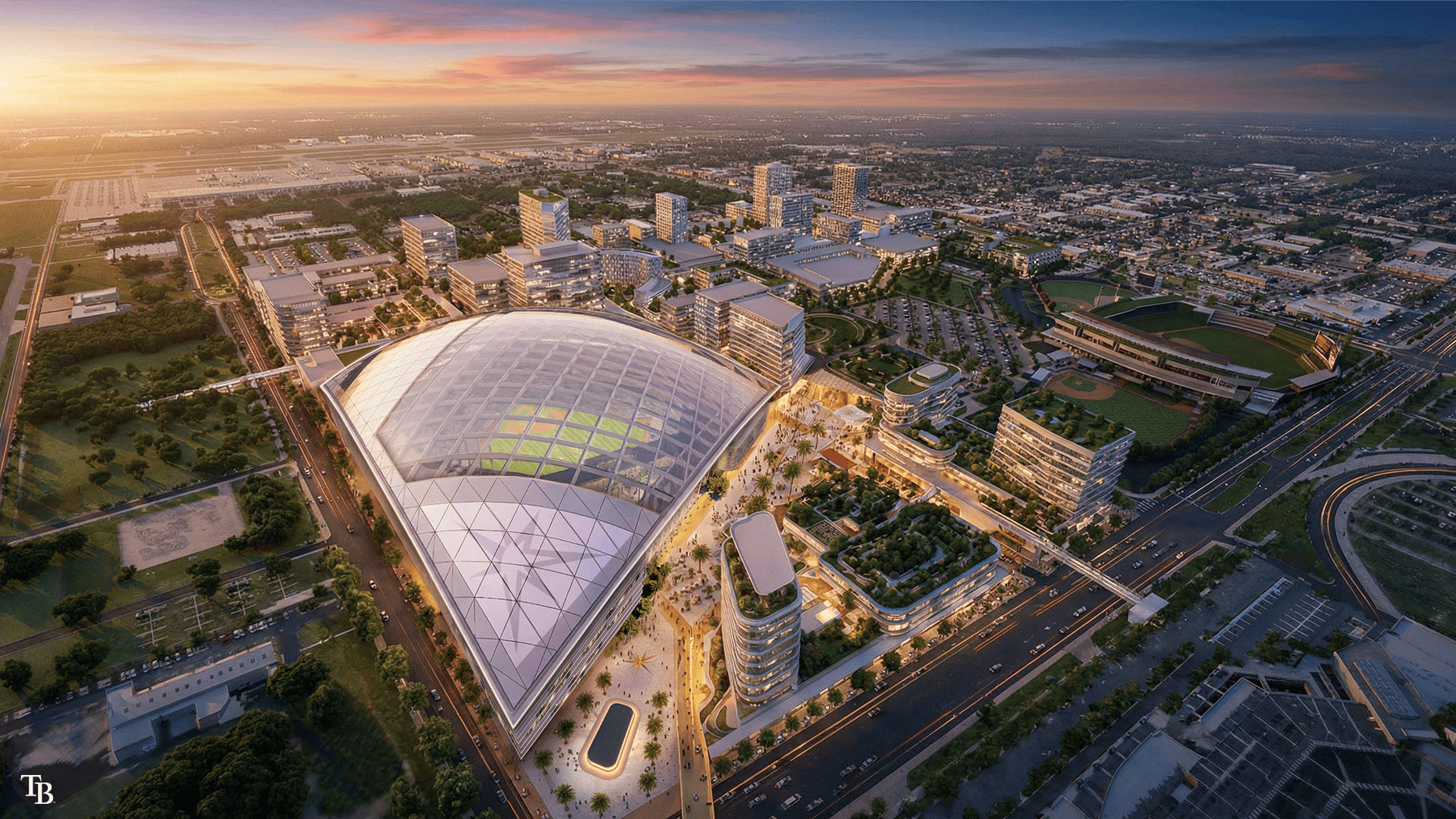 Aerial rendering of the Tampa Bay Rays Forever Home Ballpark and surrounding mixed-use district at the Hillsborough College Dale Mabry campus