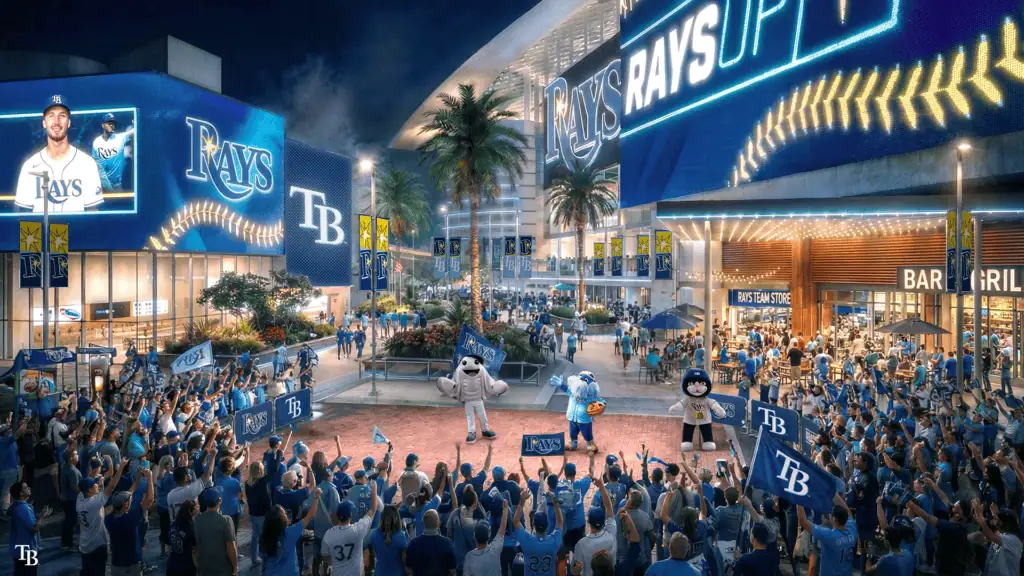 Rendering of a baseball stadium and its surrounding neighborhood