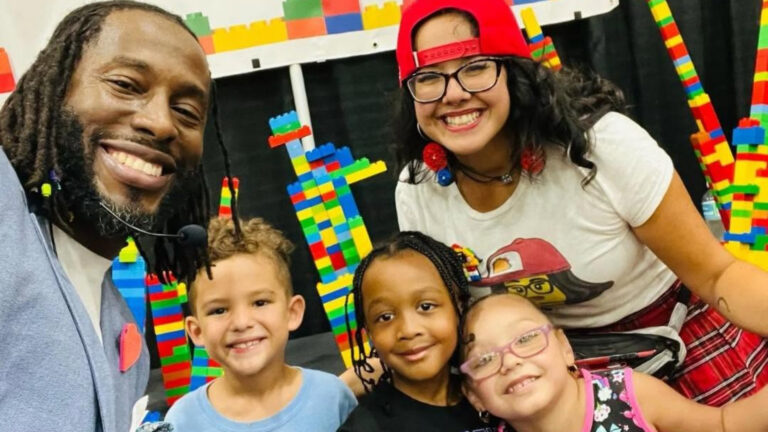 Kids and adults at a lego brick fan event