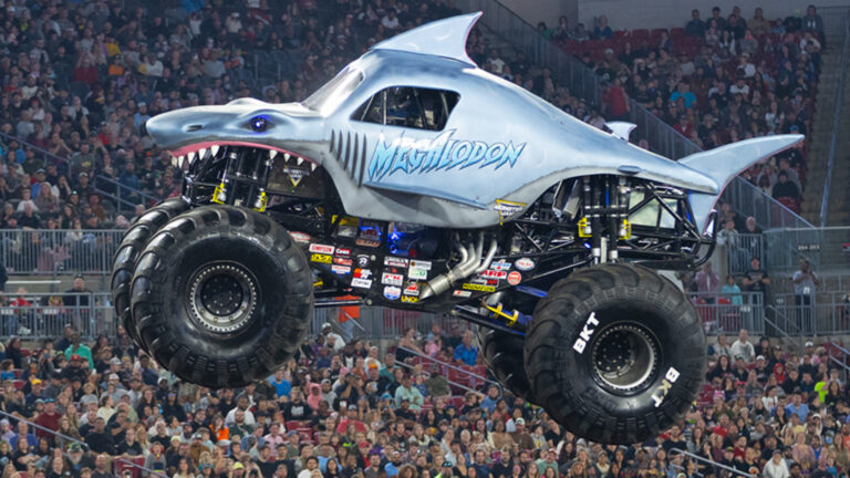 Monster truck jumping through the air