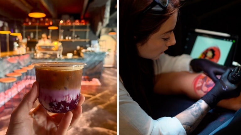 Person holding up a coffee and a tattoo artist tattooing someone