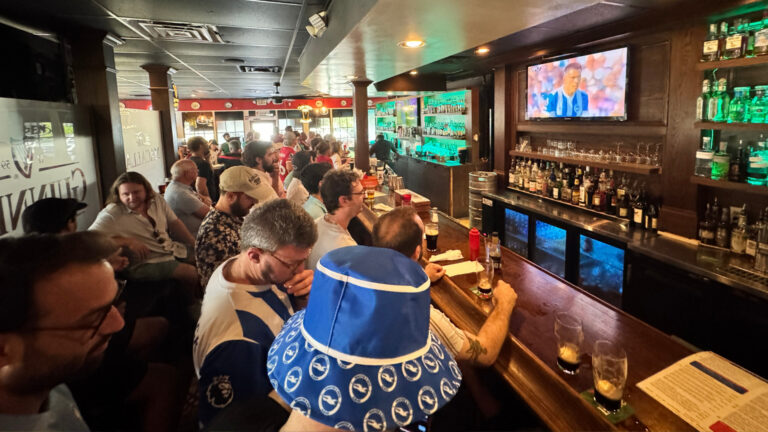 People watching soccer at a bar